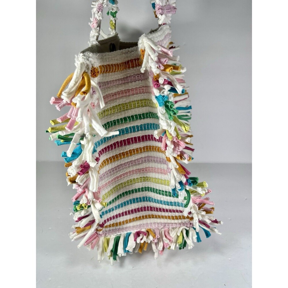 Shiraleah Chicago Recycled Cotton Rag Tote Bag Multi-Color Striped Boho Fringe - Picture 3 of 14